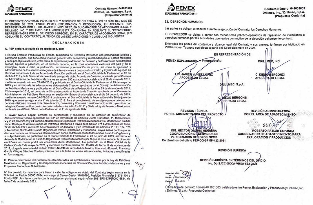 Contrato firmado en diciembre de 2021 por Javier Núñez López a favor de Drillmec.
