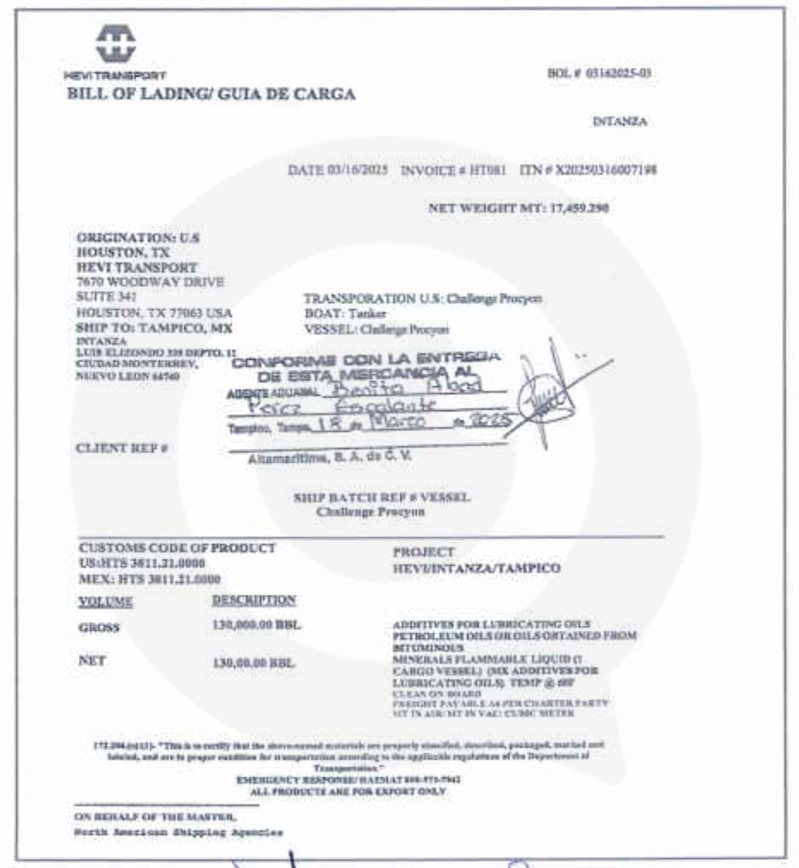 Guía de carga de Hevi Trasport que reporta el envío desde Houston de 17 millones 459 mil kilogramos aditivos lubricantes, equivalente a más de 20 millones de litros.