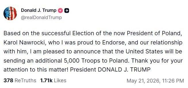 Трамп заявил, что США направят в Польшу дополнительно 5000 военнослужащих