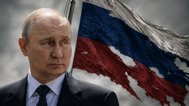 Фото Володимира Путіна у темному класичному костюмі, білій сорочці та темній краватці з дрібним візерунком. Політик дивиться вбік, а не в об’єктив камери. На задньому плані розташований великий російський триколор із численними розривами та потертостями.